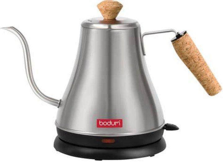 Black Bodum Melior Gooseneck Electric Water Kettle on gradient black background